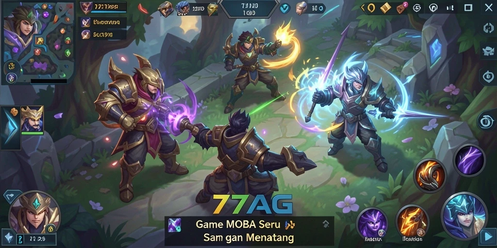 Screenshot gameplay 77AG menampilkan pertempuran seru di arena MOBA.