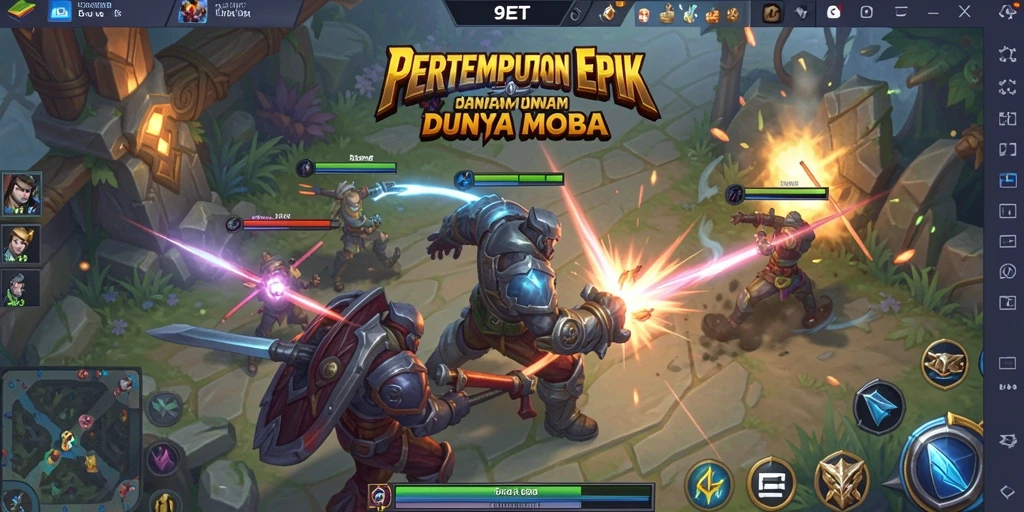 Screenshot menunjukkan pertempuran seru dalam game MOBA 9ET.