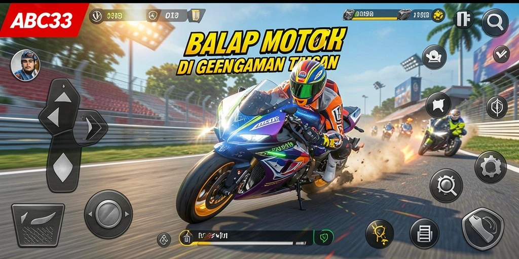 Screenshot utama ABC33 menunjukkan aksi balapan motor yang mendebarkan.