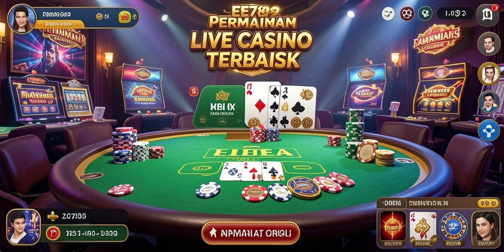 Screenshot gameplay Live Casino EE789 yang menampilkan dealer langsung dan tabel permainan.