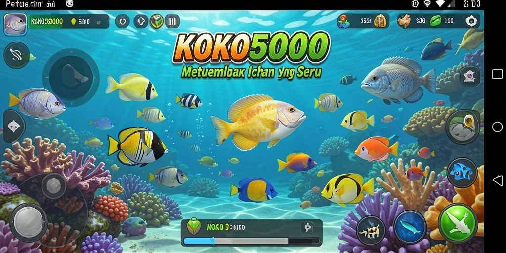 Tampilan gameplay seru dalam KOKO5000 dengan berbagai jenis ikan.