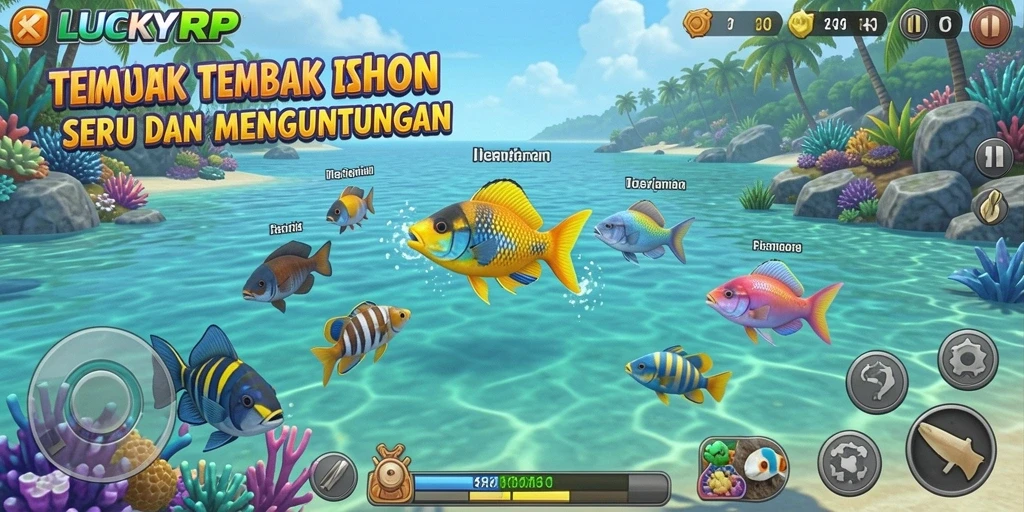 Tampilan gameplay seru LUCKYRP saat menembak ikan di lautan.