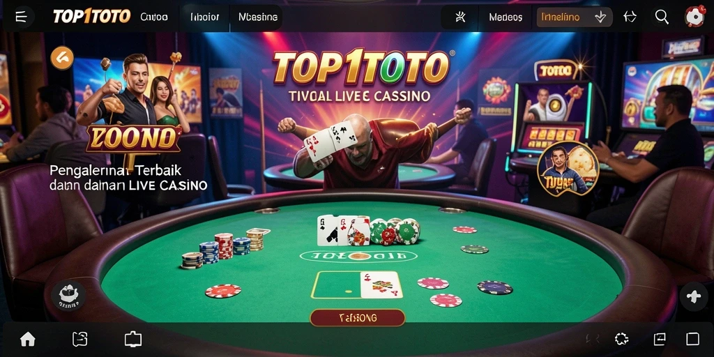 Screenshot permainan TOP1TOTO menampilkan dealer yang ramah dan suasana kasino yang hidup.